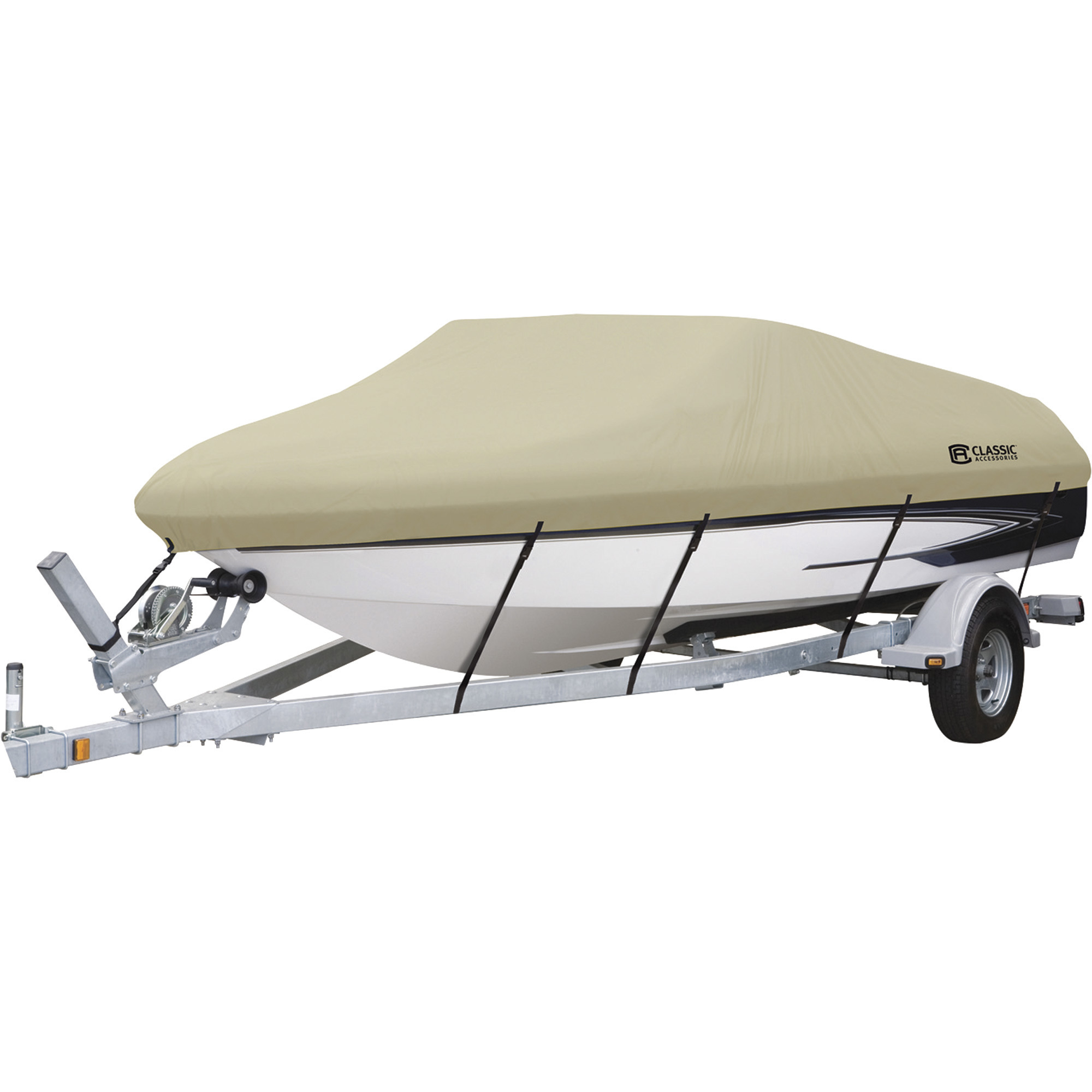 Classic Accessories DryGuardWaterproof Boat Cover, Tan, Fits 14ft.-16ft. x 75in.W Fishing Boats, Model# 20-083-082401-00